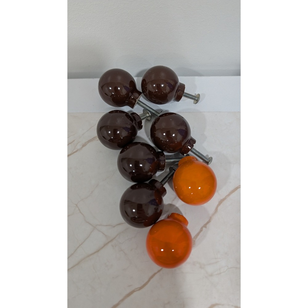 Vintage Ceramic Drawer Knobs Set of 8 Round Orb Glossy Brown Orange MCM Retro